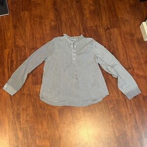 size M indigo rose blue and white long sleeve striped blouse with ruffle detail